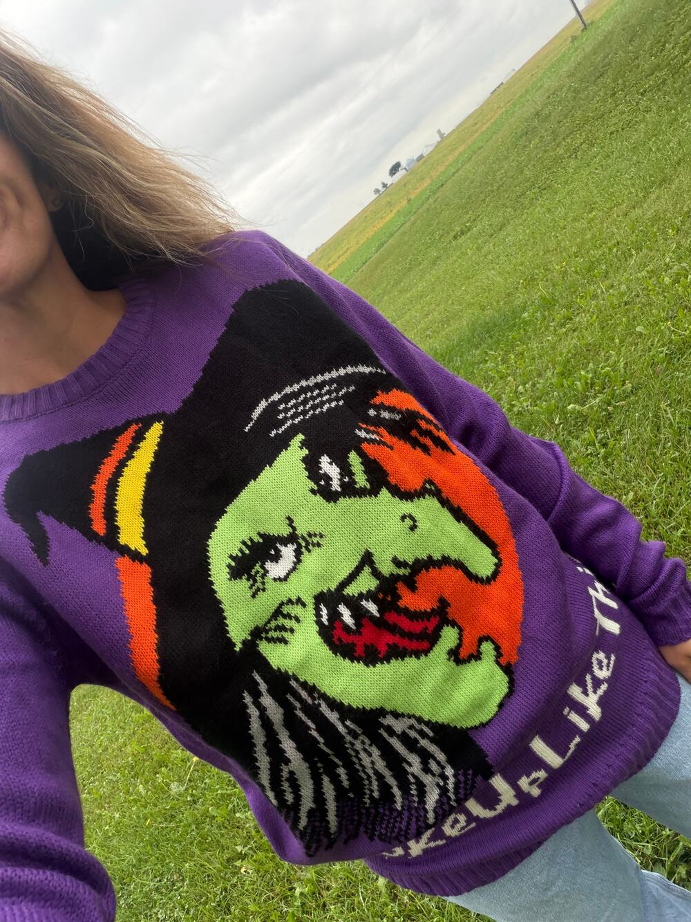 Y2K Halloween Witch Sweater Purple Graphic “I Woke Up Like This” Size Medium